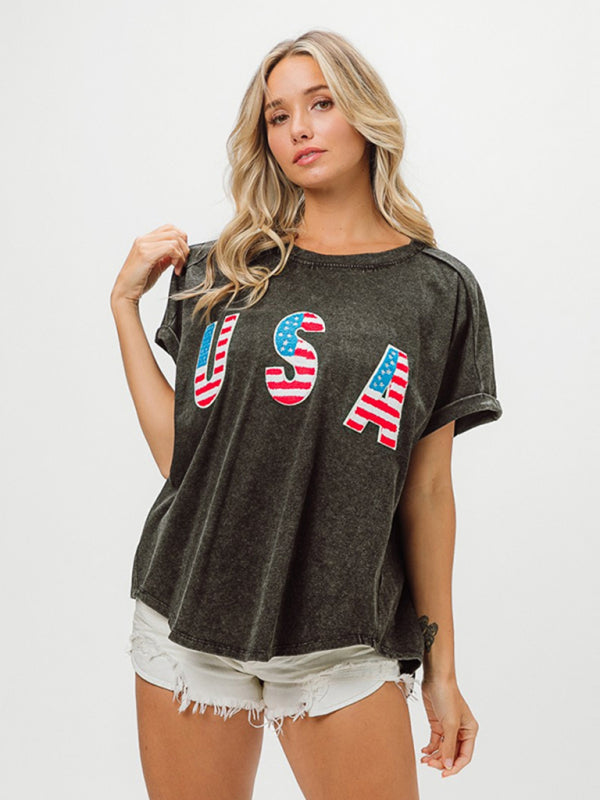 Blue Zone Planet | Independence Day English Letters Short Sleeve T-Shirt Top BLUE ZONE PLANET