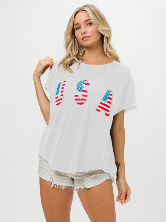 Blue Zone Planet | Independence Day English Letters Short Sleeve T-Shirt Top-TOPS / DRESSES-[Adult]-[Female]-White-S-2022 Online Blue Zone Planet