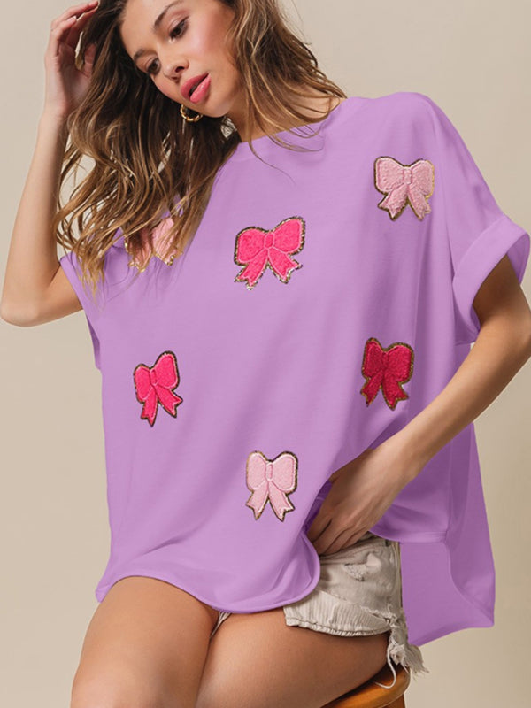 Blue Zone Planet | short-sleeved bow sequin embroidered top BLUE ZONE PLANET