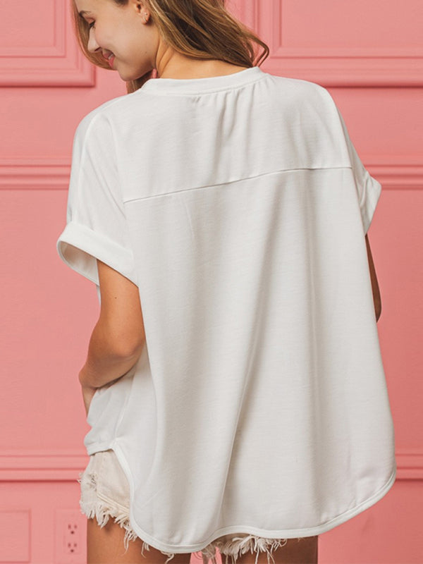 Blue Zone Planet | short-sleeved bow sequin embroidered top BLUE ZONE PLANET