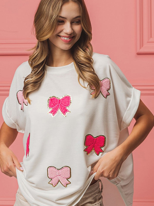 Blue Zone Planet | short-sleeved bow sequin embroidered top BLUE ZONE PLANET