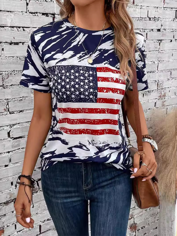 Blue Zone Planet | American Independence Day Flag Printed Round Neck Short Sleeve T-Shirt BLUE ZONE PLANET