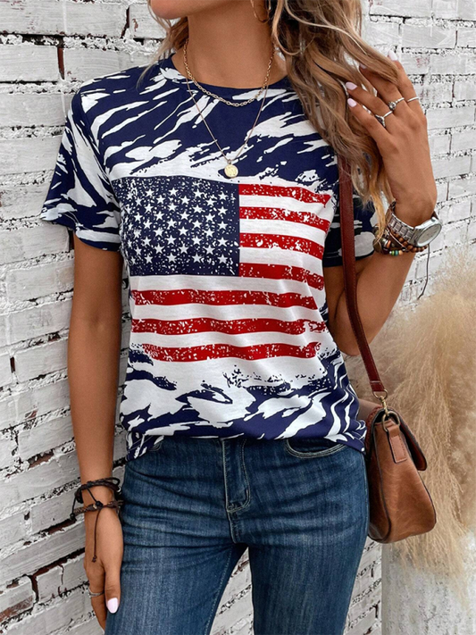 Blue Zone Planet | American Independence Day Flag Printed Round Neck Short Sleeve T-Shirt-TOPS / DRESSES-[Adult]-[Female]-Blue-S-2022 Online Blue Zone Planet
