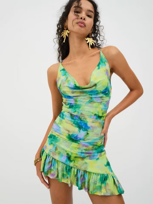 Roza's High Elastic Tie Dye Print Irregular Hem Spaghetti Strap Mini Dress-TOPS / DRESSES-[Adult]-[Female]-Green-S-2022 Online Blue Zone Planet