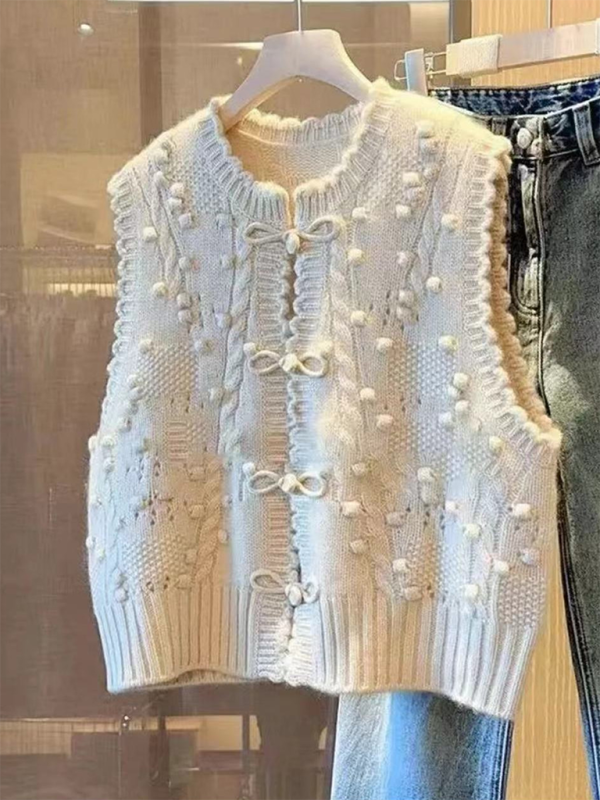Blue Zone Planet |  Three-dimensional buckle design lace collar knitted vest loose soft waxy layered top vest BLUE ZONE PLANET
