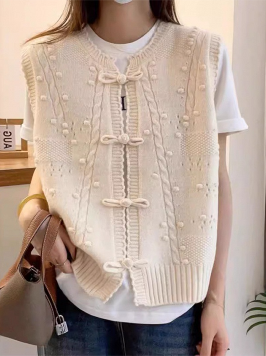 Three-dimensional buckle design lace collar knitted vest loose soft waxy layered top vest-[Adult]-[Female]-Cream-FREESIZE-2022 Online Blue Zone Planet