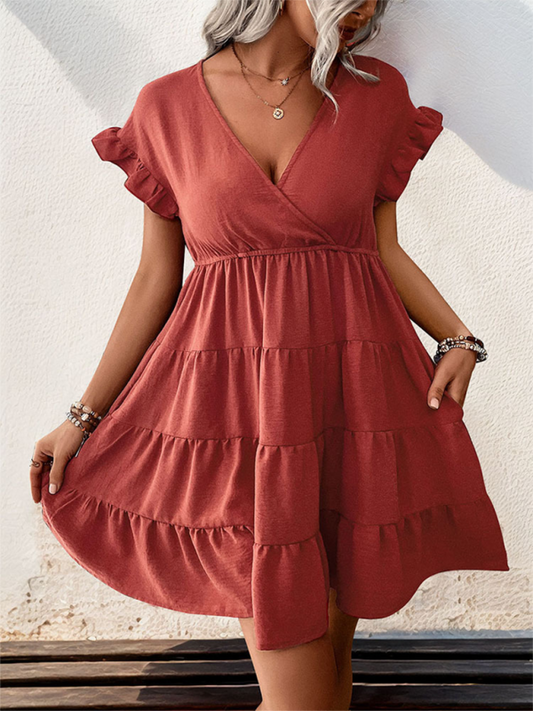 Women's v-neck raglan sleeve solid color dress