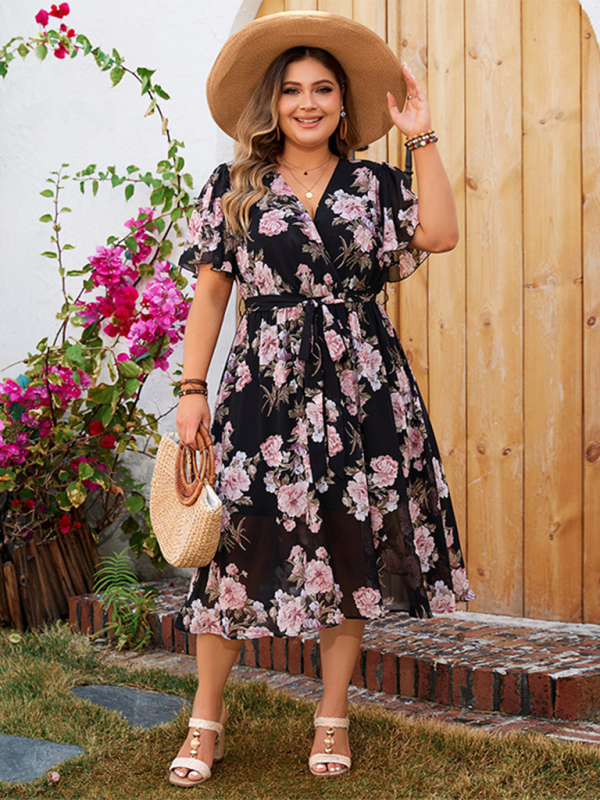 Blue Zone Planet | Plus size V-neck fluttering sleeves waisted floral floral dress BLUE ZONE PLANET