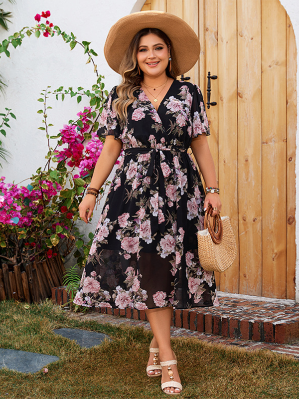 Blue Zone Planet | Plus size V-neck fluttering sleeves waisted floral floral dress BLUE ZONE PLANET