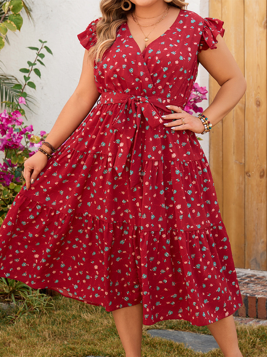 Plus size women's red printed sleeveless lace short-sleeved dress