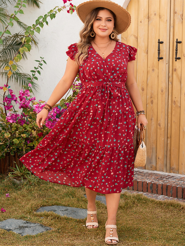 Blue Zone Planet | Plus size red printed sleeveless lace short-sleeved dress BLUE ZONE PLANET