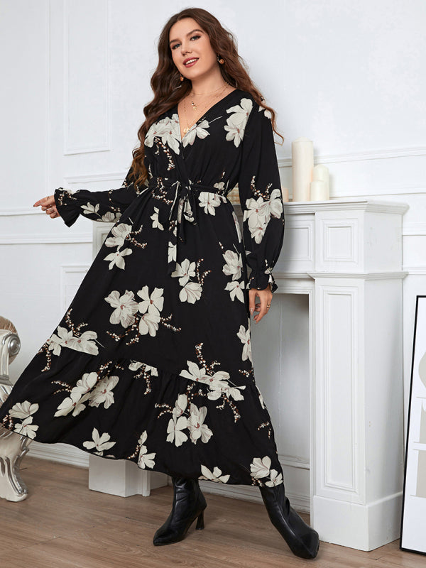 Blue Zone Planet |  Elegant Printed V-Neck Petal Sleeve Dress for Women Plus Size BLUE ZONE PLANET