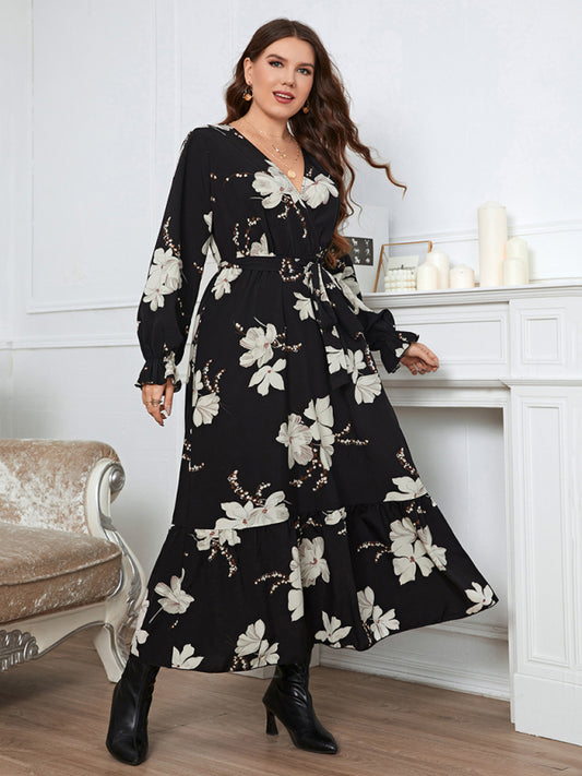 Elegant Printed V-Neck Petal Sleeve Dress for Women Plus Size