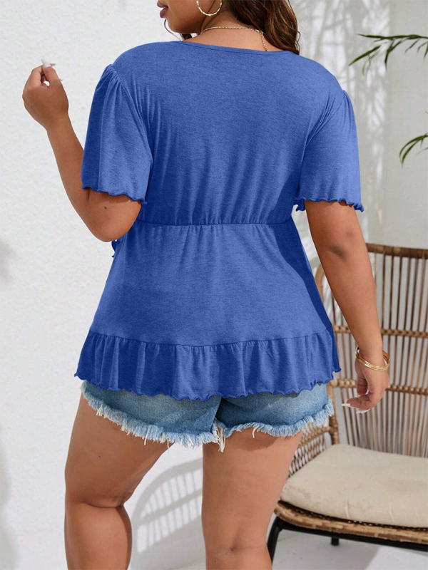 Blue Zone Planet | Plus size solid color V-neck short-sleeved tops BLUE ZONE PLANET