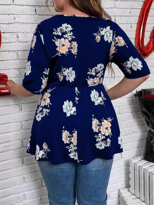 Blue Zone Planet | Plus size printed V-neck lace shirt BLUE ZONE PLANET