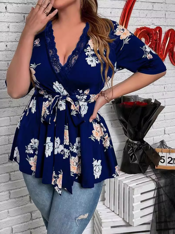 Blue Zone Planet | Plus size printed V-neck lace shirt BLUE ZONE PLANET