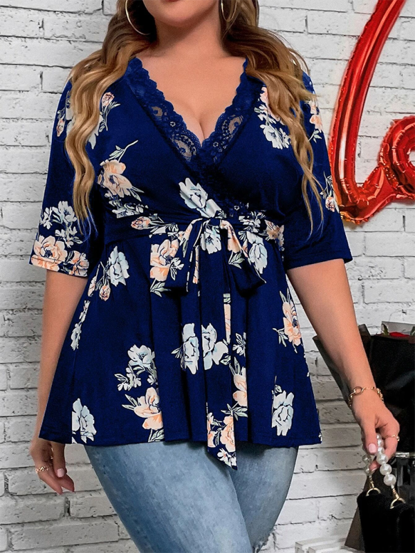 Blue Zone Planet | Plus size printed V-neck lace shirt BLUE ZONE PLANET