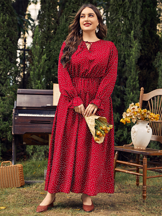 Plus size women's new polka-dot loose long-sleeved dress