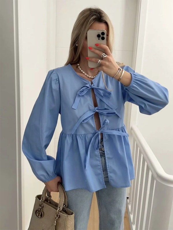 Laura's Street Fashion Bow Long Sleeve Shirt BLUE ZONE PLANET