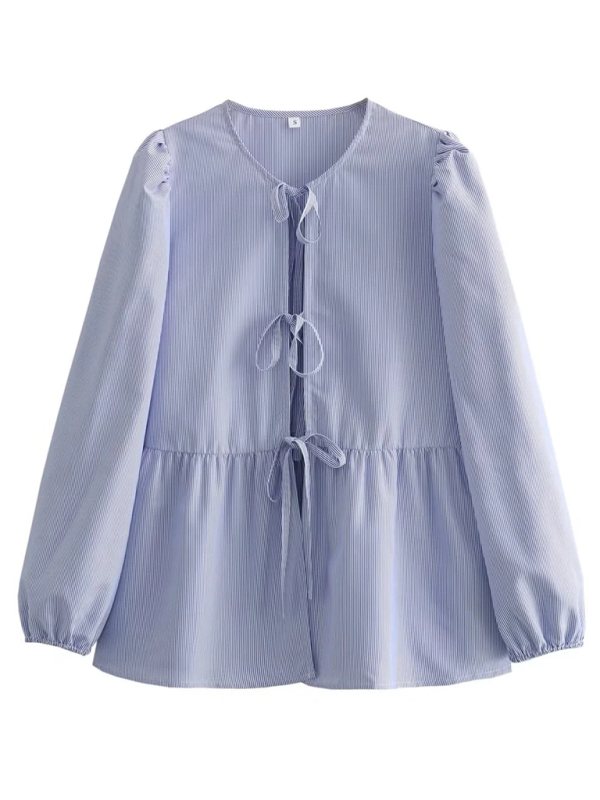 Laura's Street Fashion Bow Long Sleeve Shirt BLUE ZONE PLANET