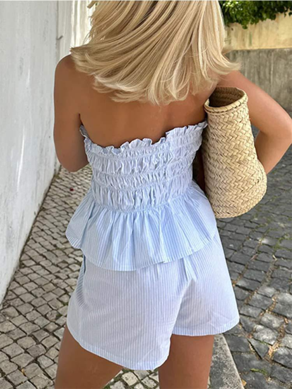 Fashionable vacation sleeveless tube top and off-shoulder shorts suit BLUE ZONE PLANET