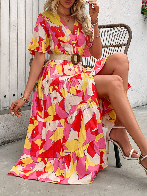 midi holiday dresses 2022 Blue Zone Planet |Clara's Holiday V-neck Floral Print Lace-up Maxi Dress Orange Red / L by Blue Zone Planet