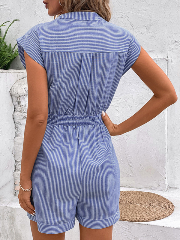 Pinstripe Short Sleeve Jumpsuit-TOPS / DRESSES-[Adult]-[Female]-2022 Online Blue Zone Planet