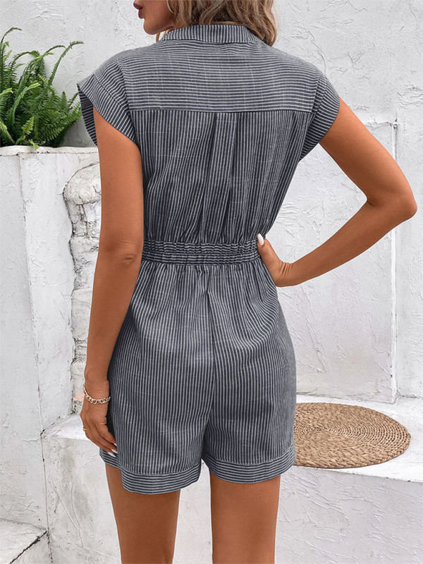 Pinstripe Short Sleeve Jumpsuit-TOPS / DRESSES-[Adult]-[Female]-2022 Online Blue Zone Planet