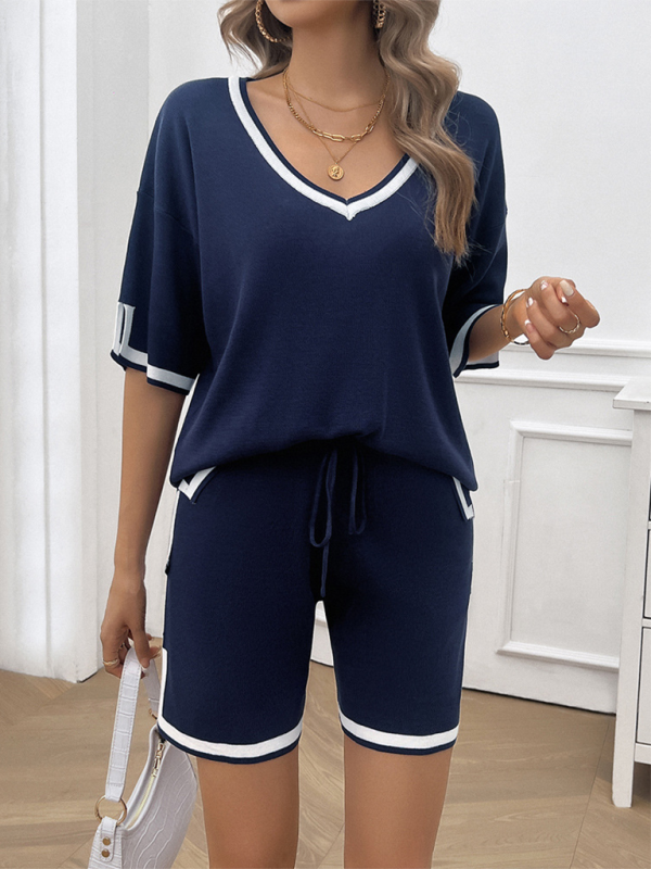 Blue Zone Planet | Women's casual loose v-neck sweater two-piece set-TOPS / DRESSES-[Adult]-[Female]-Champlain color-S-2022 Online Blue Zone Planet