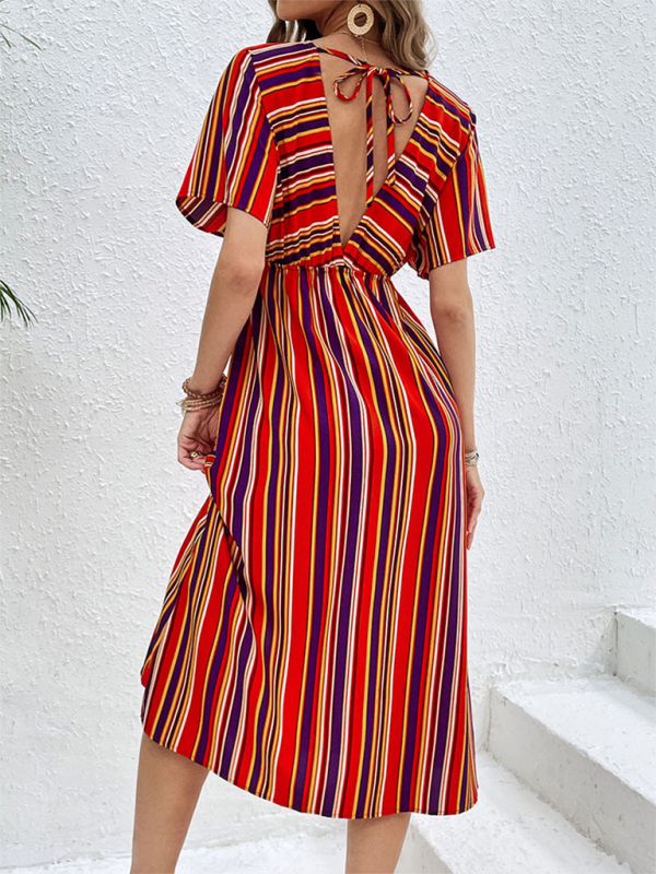 Colorful Striped V-Neck Button High Waist Dress-TOPS / DRESSES-[Adult]-[Female]-2022 Online Blue Zone Planet