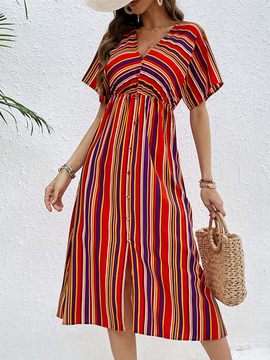 Colorful Striped V-Neck Button High Waist Dress-TOPS / DRESSES-[Adult]-[Female]-Red-S-2022 Online Blue Zone Planet