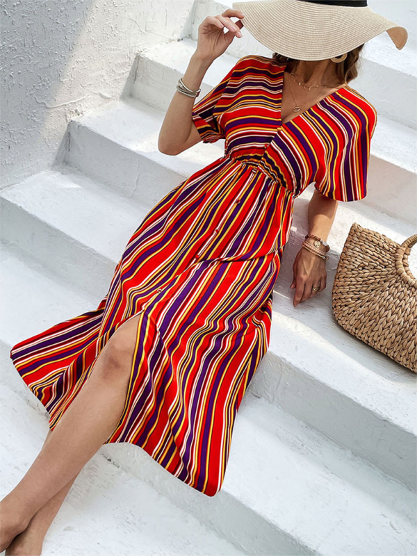 Colorful Striped V-Neck Button High Waist Dress-TOPS / DRESSES-[Adult]-[Female]-2022 Online Blue Zone Planet