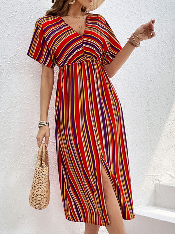 Colorful Striped V-Neck Button High Waist Dress-TOPS / DRESSES-[Adult]-[Female]-2022 Online Blue Zone Planet