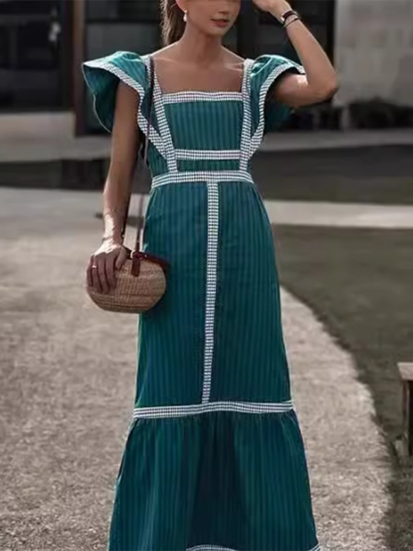 Fashionable square neck contrast patchwork dress-TOPS / DRESSES-[Adult]-[Female]-Spearmint viridis-S-2022 Online Blue Zone Planet