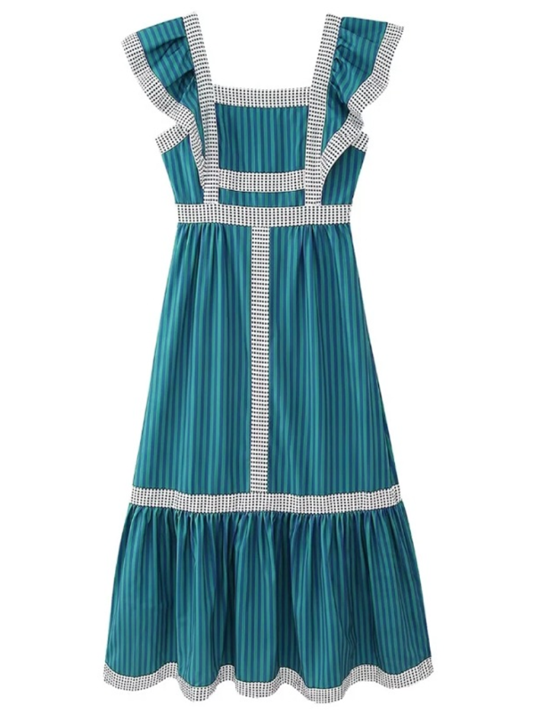 Fashionable square neck contrast patchwork dress-TOPS / DRESSES-[Adult]-[Female]-2022 Online Blue Zone Planet