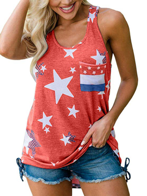 Women's Independence Day Flag Print Loose Casual Tank Top-[Adult]-[Female]-Red-S-2022 Online Blue Zone Planet