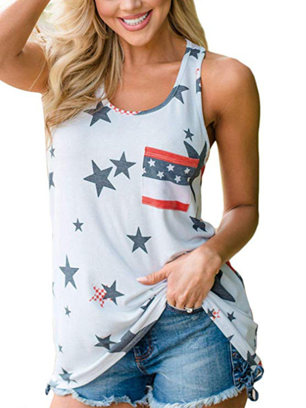 Women's Independence Day Flag Print Loose Casual Tank Top-[Adult]-[Female]-2022 Online Blue Zone Planet