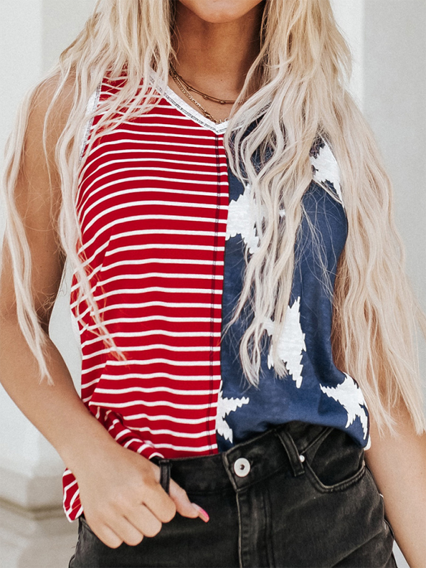 New American Flag Printed Independence Day Trendy Color Blocking U-neck Pullover Top-[Adult]-[Female]-Red-S-2022 Online Blue Zone Planet