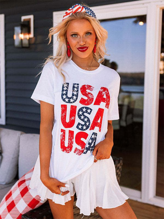 New Independence Day loose casual USA printed short-sleeved T-shirt-TOPS / DRESSES-[Adult]-[Female]-White-S-2022 Online Blue Zone Planet