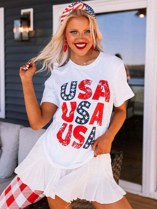 New Independence Day loose casual USA printed short-sleeved T-shirt-TOPS / DRESSES-[Adult]-[Female]-2022 Online Blue Zone Planet