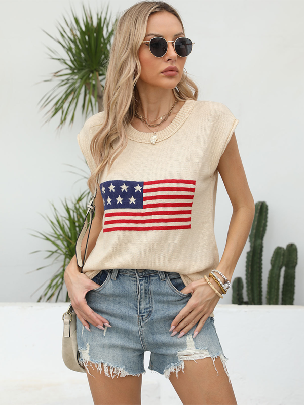 New Independence Day Round Neck Flag Knit Short Sleeve Sweater-TOPS / DRESSES-[Adult]-[Female]-2022 Online Blue Zone Planet