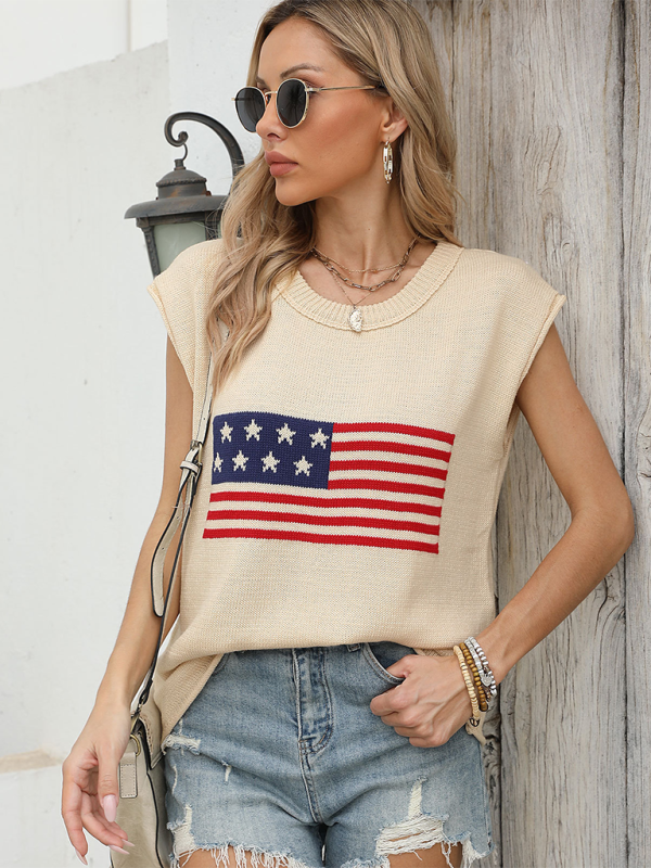 New Independence Day Round Neck Flag Knit Short Sleeve Sweater-TOPS / DRESSES-[Adult]-[Female]-Cracker khaki-S-2022 Online Blue Zone Planet