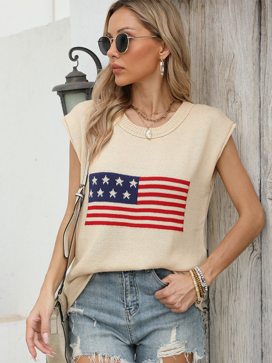 New Independence Day Round Neck Flag Knit Short Sleeve Sweater-TOPS / DRESSES-[Adult]-[Female]-Cracker khaki-S-2022 Online Blue Zone Planet