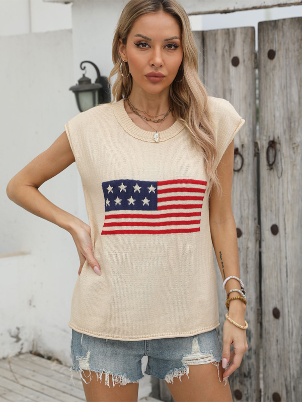 New Independence Day Round Neck Flag Knit Short Sleeve Sweater-TOPS / DRESSES-[Adult]-[Female]-2022 Online Blue Zone Planet