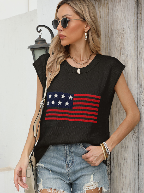 New Independence Day Round Neck Flag Knit Short Sleeve Sweater-TOPS / DRESSES-[Adult]-[Female]-Black-S-2022 Online Blue Zone Planet