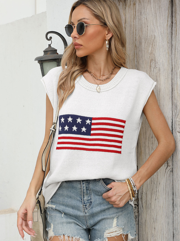 New Independence Day Round Neck Flag Knit Short Sleeve Sweater-TOPS / DRESSES-[Adult]-[Female]-White-S-2022 Online Blue Zone Planet