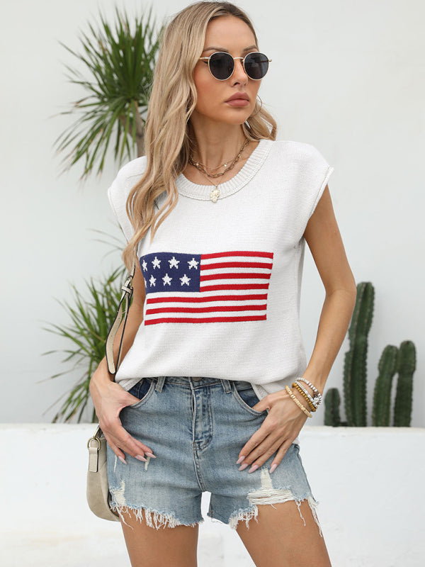 New Independence Day Round Neck Flag Knit Short Sleeve Sweater-TOPS / DRESSES-[Adult]-[Female]-2022 Online Blue Zone Planet