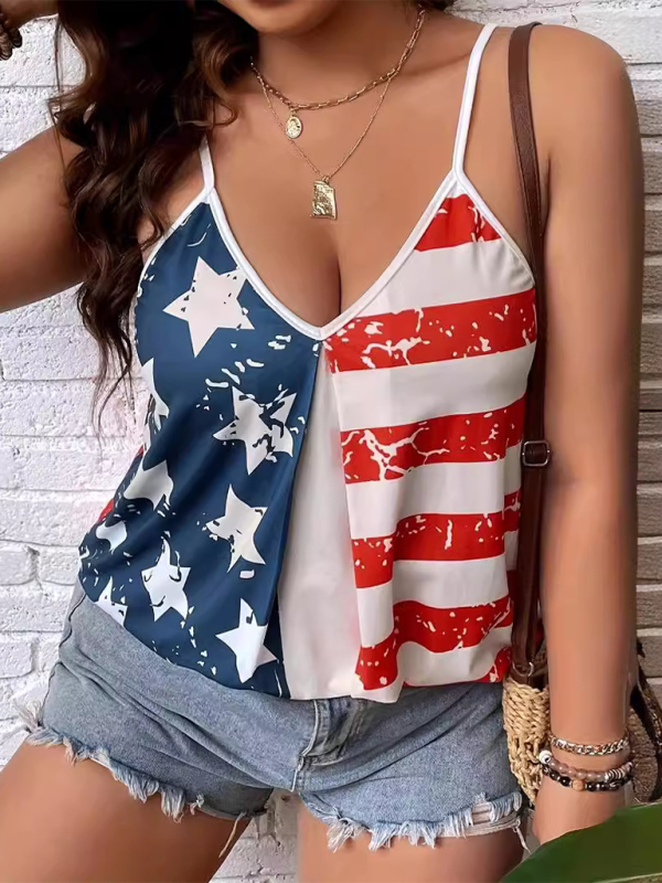 American Independence Day Flag Digital Print Off-The-Shoulder Tank Top-[Adult]-[Female]-Blue-S-2022 Online Blue Zone Planet