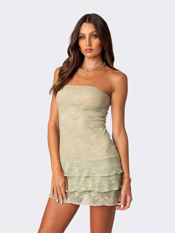 Blue Zone Planet | Ladies new sexy tube top lace ruffled mini skirt-TOPS / DRESSES-[Adult]-[Female]-Pale green-S-2022 Online Blue Zone Planet