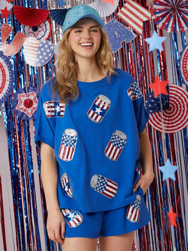 Blue Zone Planet | Women's Independence Day Top Sequin Pants Suit Short Sleeve Two-piece Suit-TOPS / DRESSES-[Adult]-[Female]-Clear blue-S-2022 Online Blue Zone Planet